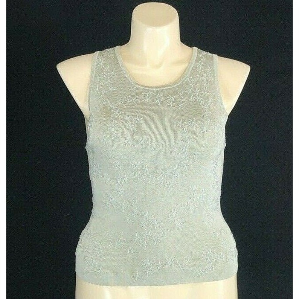 Carmen Marc Valvo LARGE Top Light Gray Clear Bead Heavy Knit Tank Shell Stretchy - Picture 1 of 8